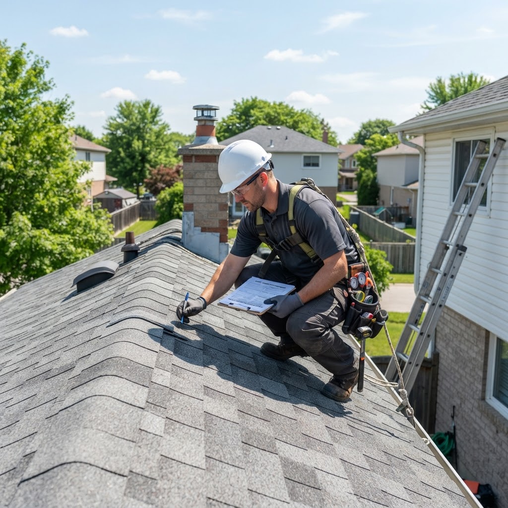 Professional roofer inspecting a residential shingle roof on a clear day, wearing safety gear with a ladder and inspection tools